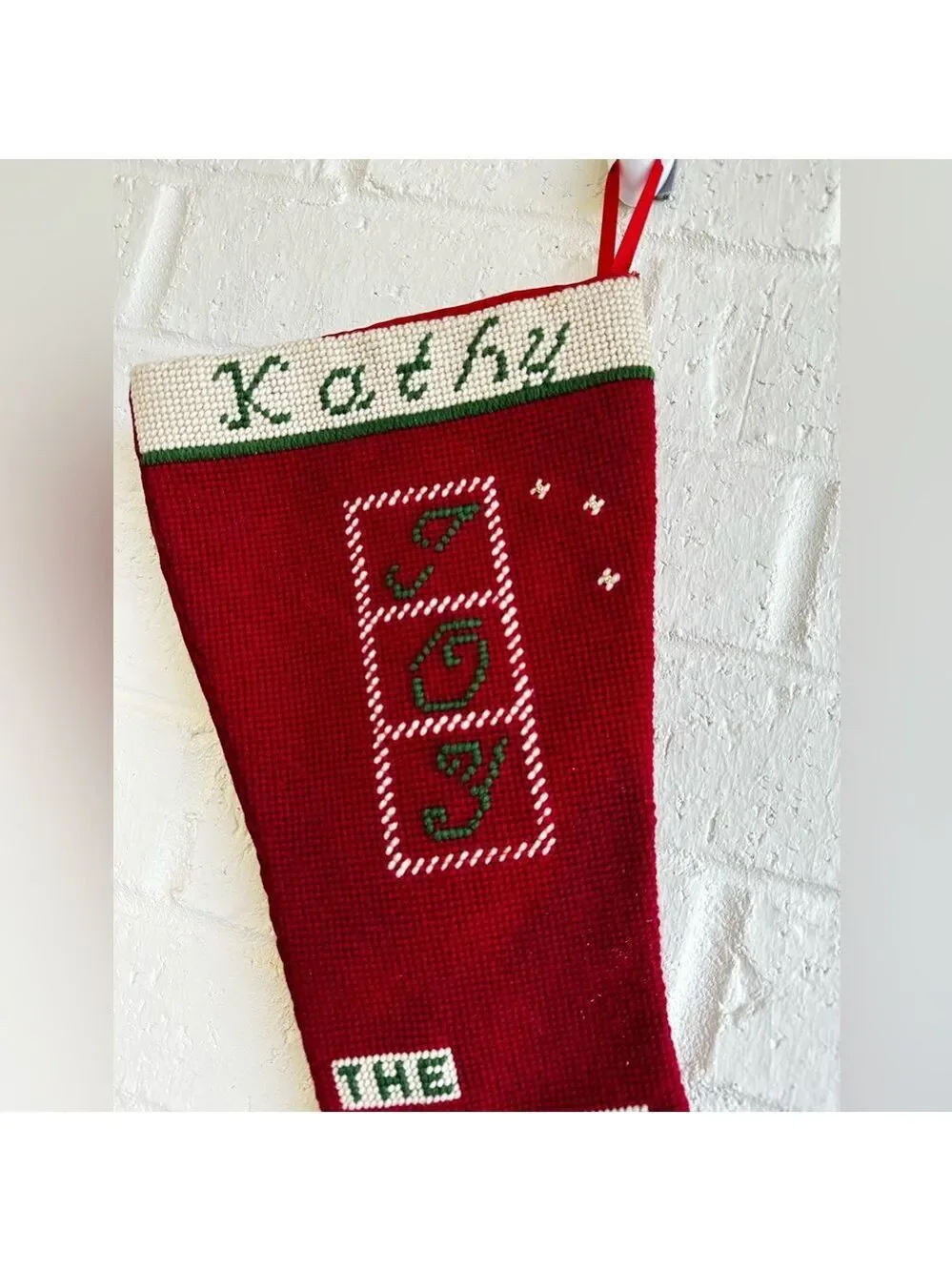 The Spirit of Christmas Red Joy Stocking for Kathy.  Cross Stitched Design Vtg